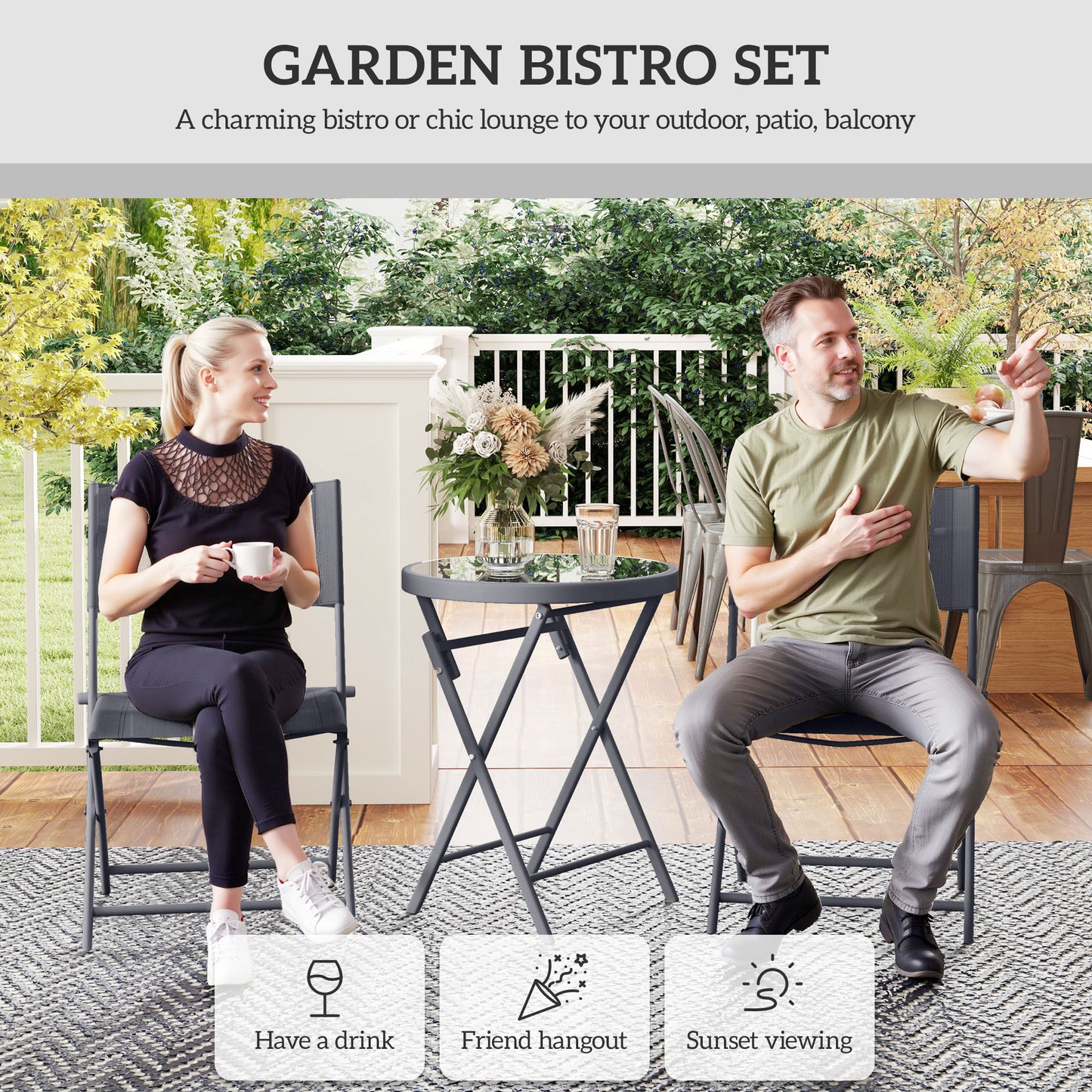 3 Piece Folding Outdoor Bistro Set | 2 Mesh Chairs | Tempered Glass Table Dia 50cm | Powder Coated Metal | No Assembly | 120kg | Black