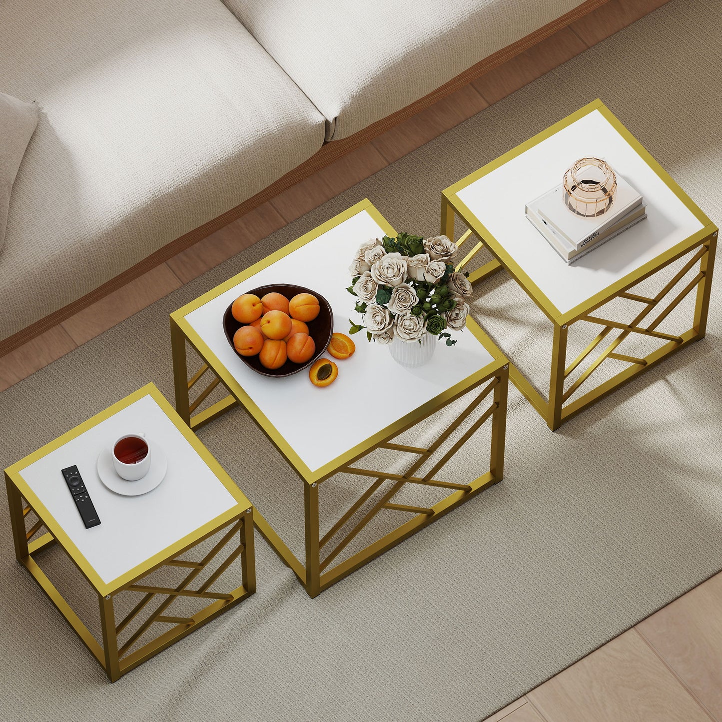 Nesting Coffee Tables, Set of 3 Square Side Tables with Black Metal Frame, for Living Room, Bedroom and Office, White