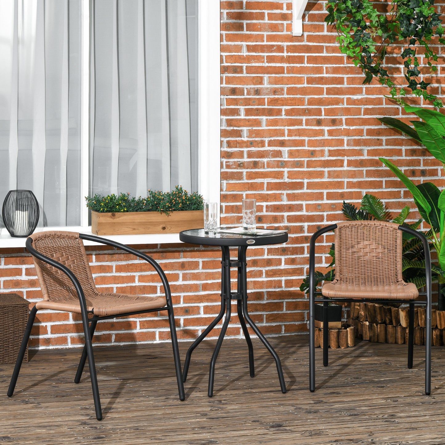 3 Piece Rattan Bistro Set | 2 Leisure Chairs | 5mm Tempered Glass Coffee Table | Handwoven PE Rattan | Powder Coated Steel | Adjustable Feet | Brown