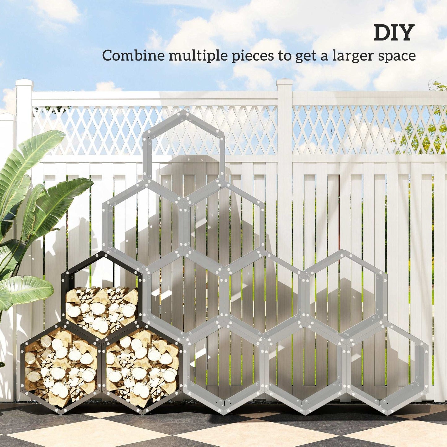 Outsunny Fireplace Log Rack, Steel Firewood Log Holder, 3 Hexagon Boxes, Indoor Outdoor Wood Storage Shelf, 113 x 37 x 113cm, Black