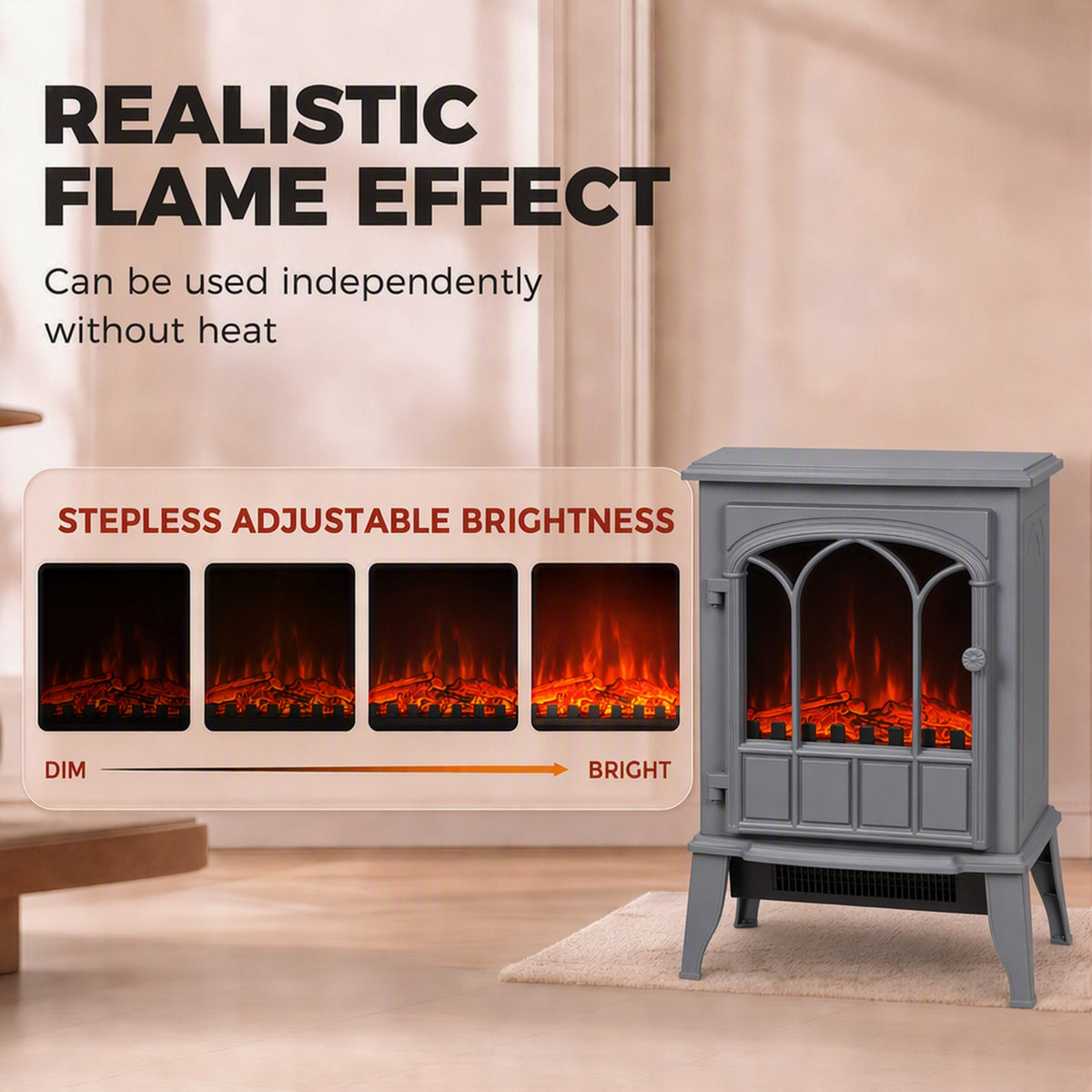 Freestanding Electric Fireplace Log Burner | 1000W/2000W Dual Heat | Stepless LED Flame Effect | Stepless Thermostat | Forced-Air Fan | Thermal Cut-Off | ERP Compliant | 39x23x56.5cm | Grey
