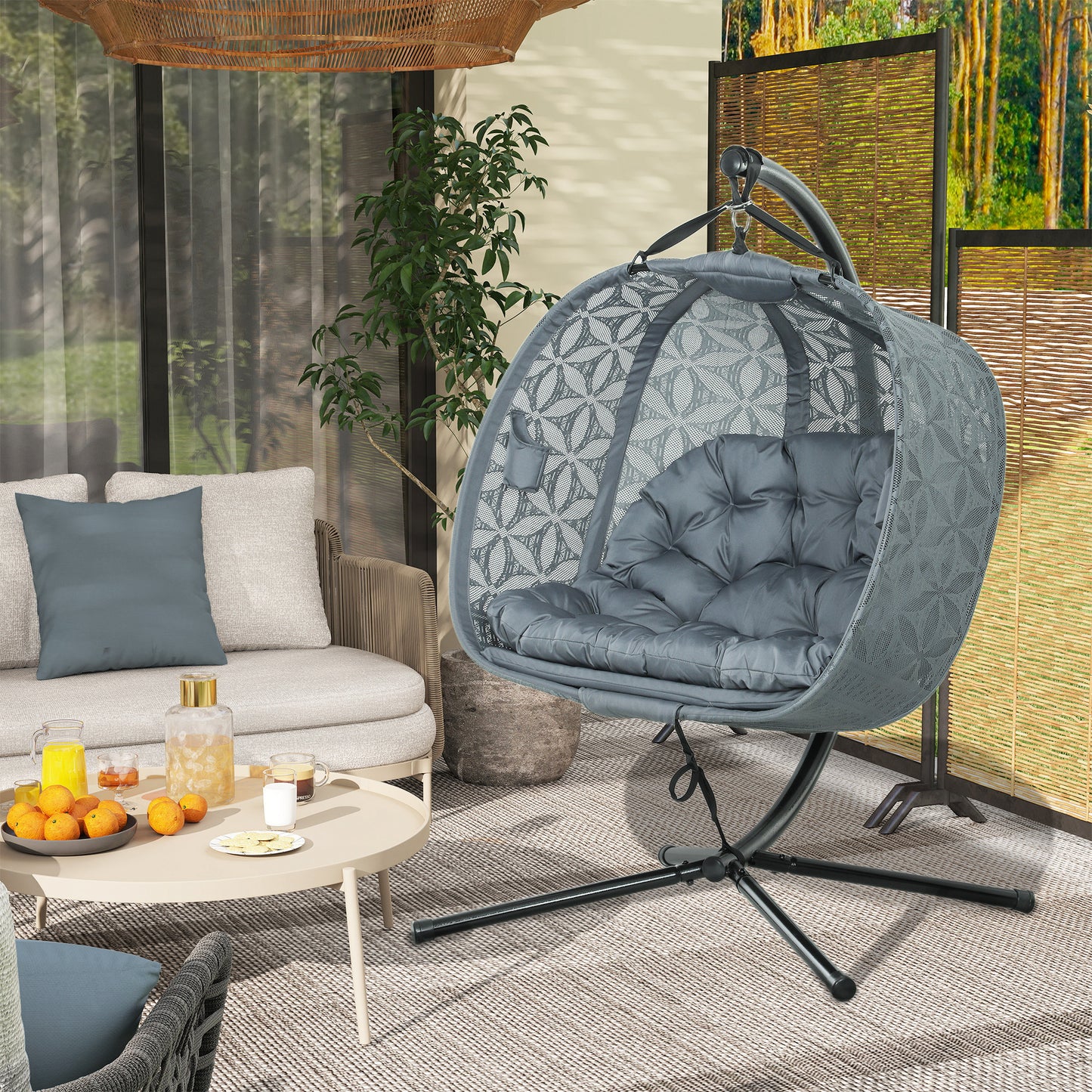 Outsunny Outdoor Double Hanging Chair with Cushion and Cup Holders, Charcoal Grey