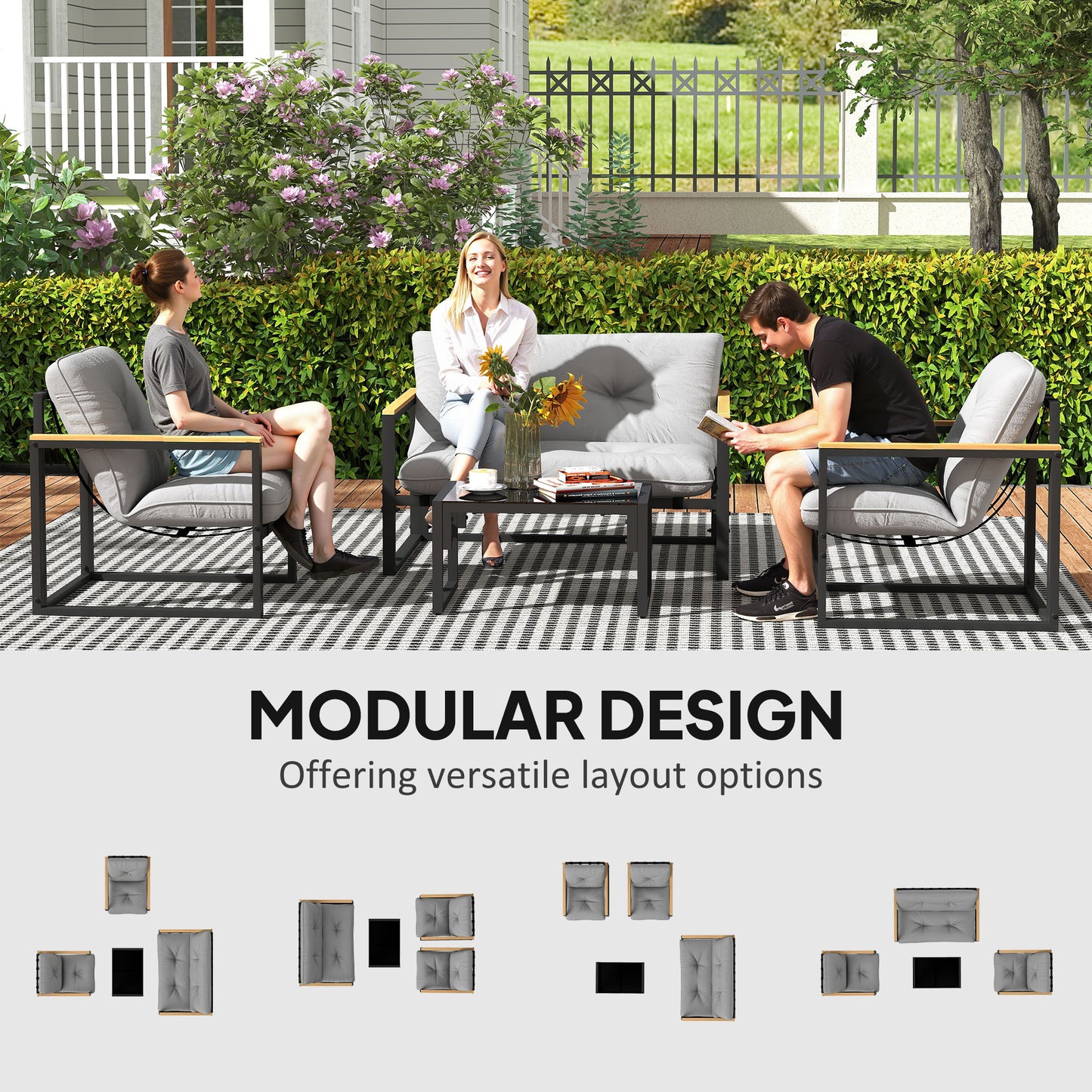 4-Piece Garden & Conservatory Furniture Set | Loveseat | 2 Armchairs | Glass Coffee Table | 15cm Cushions | Wood-Grain Armrests | 240kg | Light Grey