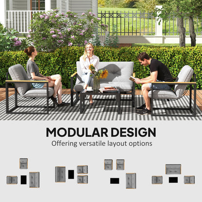 4-Piece Garden & Conservatory Furniture Set | Loveseat | 2 Armchairs | Glass Coffee Table | 15cm Cushions | Wood-Grain Armrests | 240kg | Light Grey
