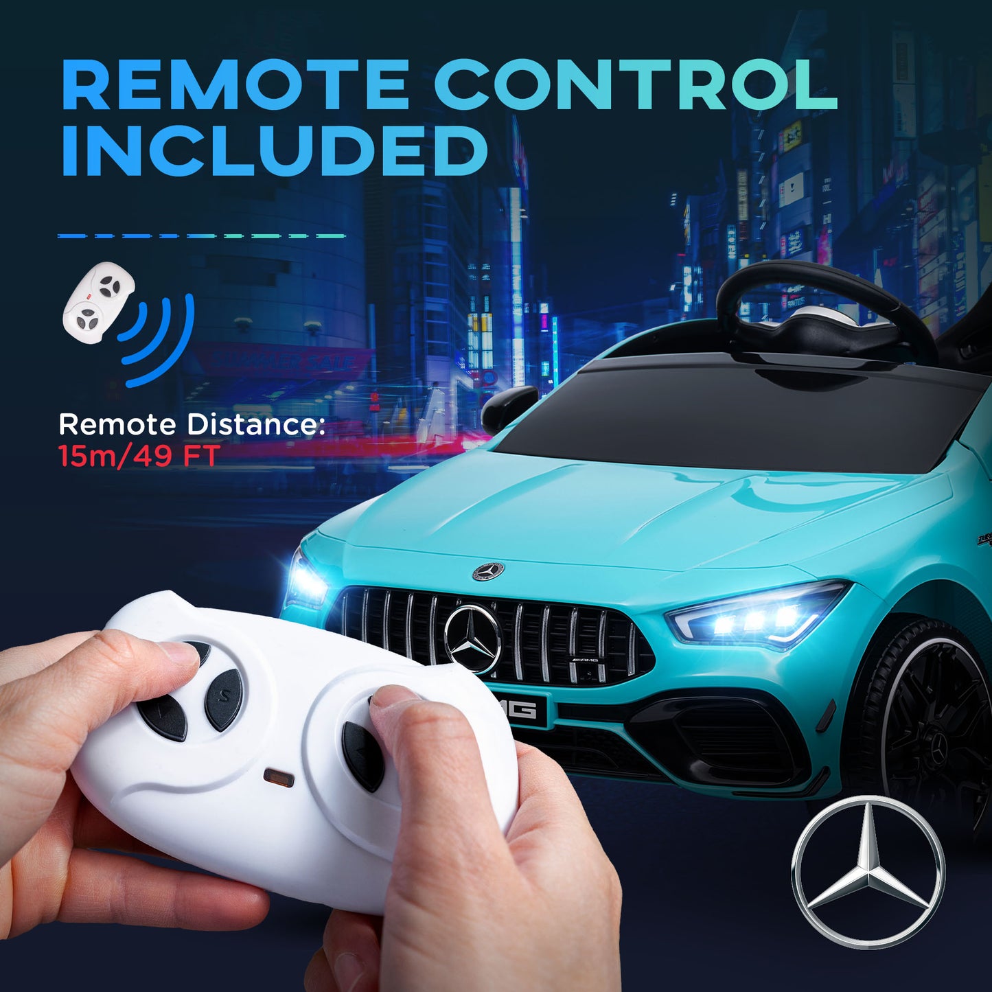 Mercedes-AMG CLA 45 Licensed 12V Kids Electric Car Ride on Car w/ Remote, Suspension Lights Music Horn - Light Blue / White / Yellow