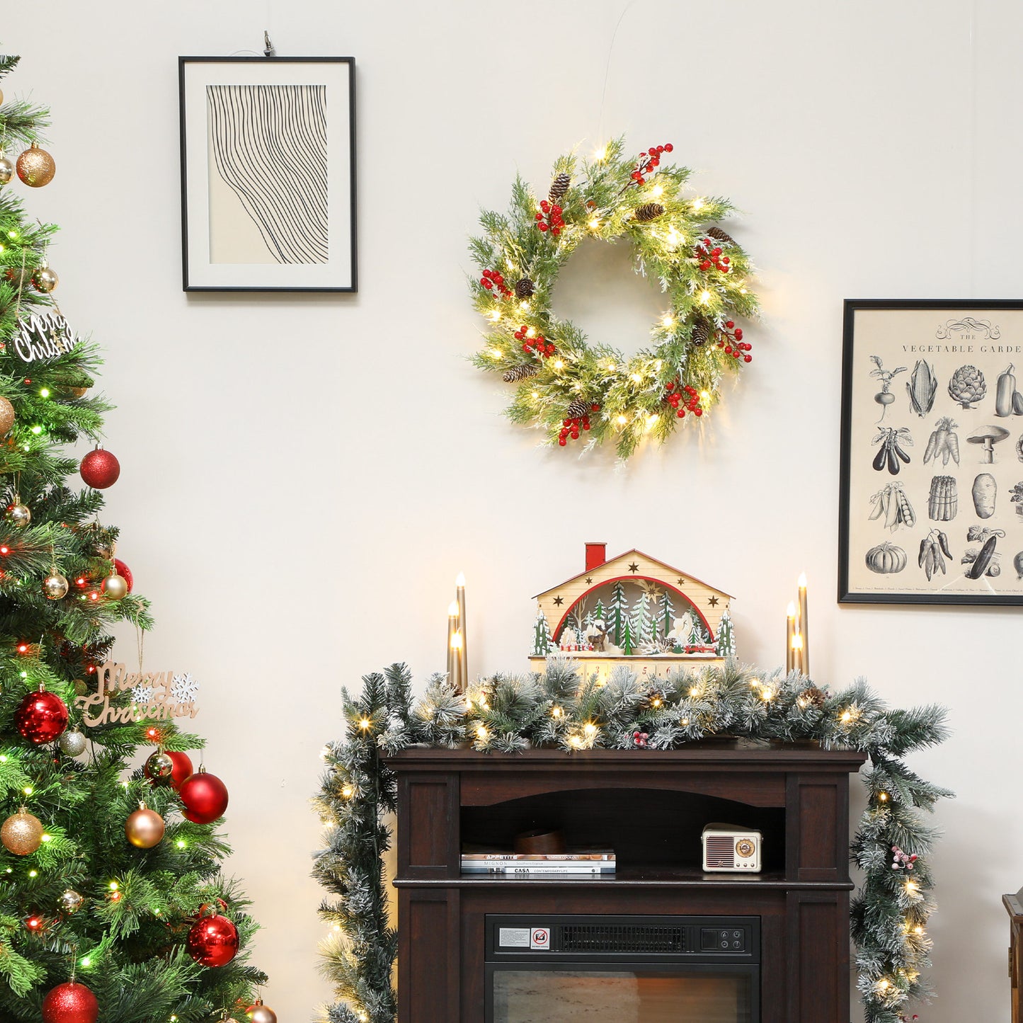 60 cm Prelit Christmas Wreath, Door Wreath with Realistic Branches, 30 Warm White LEDs, Timer, Battery Operated