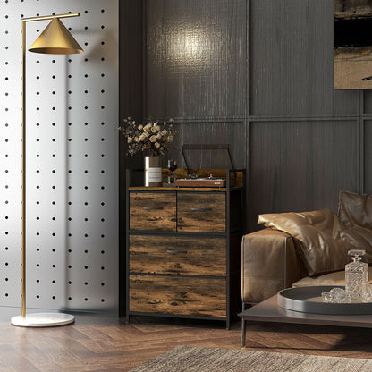 Bedroom Chest Set Of 4 Drawer Dresser Storage Organiser Unit W/ Foldable Drawers, Steel Frame For Living Room, Entryway, Rustic Brown