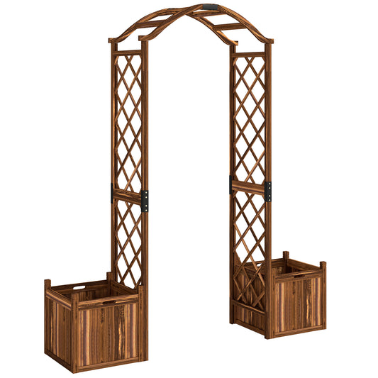 Wooden Garden Arch with 2 Planter Boxes | Trellis for Climbing Vines & Roses | Carbonised Fir Wood | Water Lacquer Finish | 25kg Capacity | 170.5x42x200cm | Carbonised