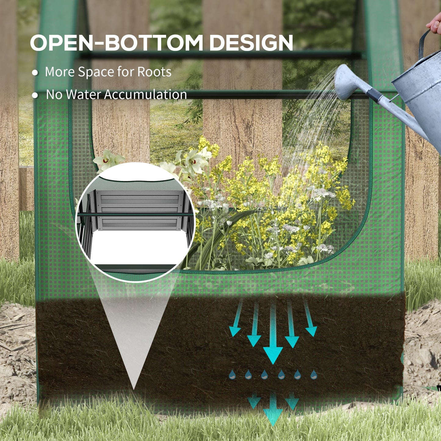 2-in-1 Raised Garden Bed with Mini Greenhouse Cover | Galvanised Steel Base | Open Bottom | 2 Roll-Up Windows | 61x61x29.5cm Bed | 70x70x90cm Cover | Green & Silver