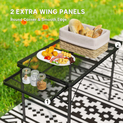 Folding Grill Table, 4.5ft Portable Camping Table with 2 Wing Panels, Height Adjustable Metal Picnic Table for Camping, Picnic and BBQ, Black