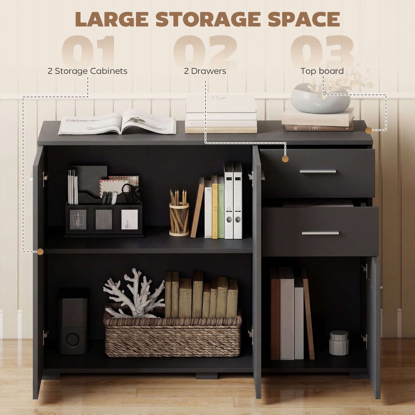 Sideboard, Modern Storage Cabinet with 2 Drawers, 3 Doors and Adjustable Shelves, Black / White