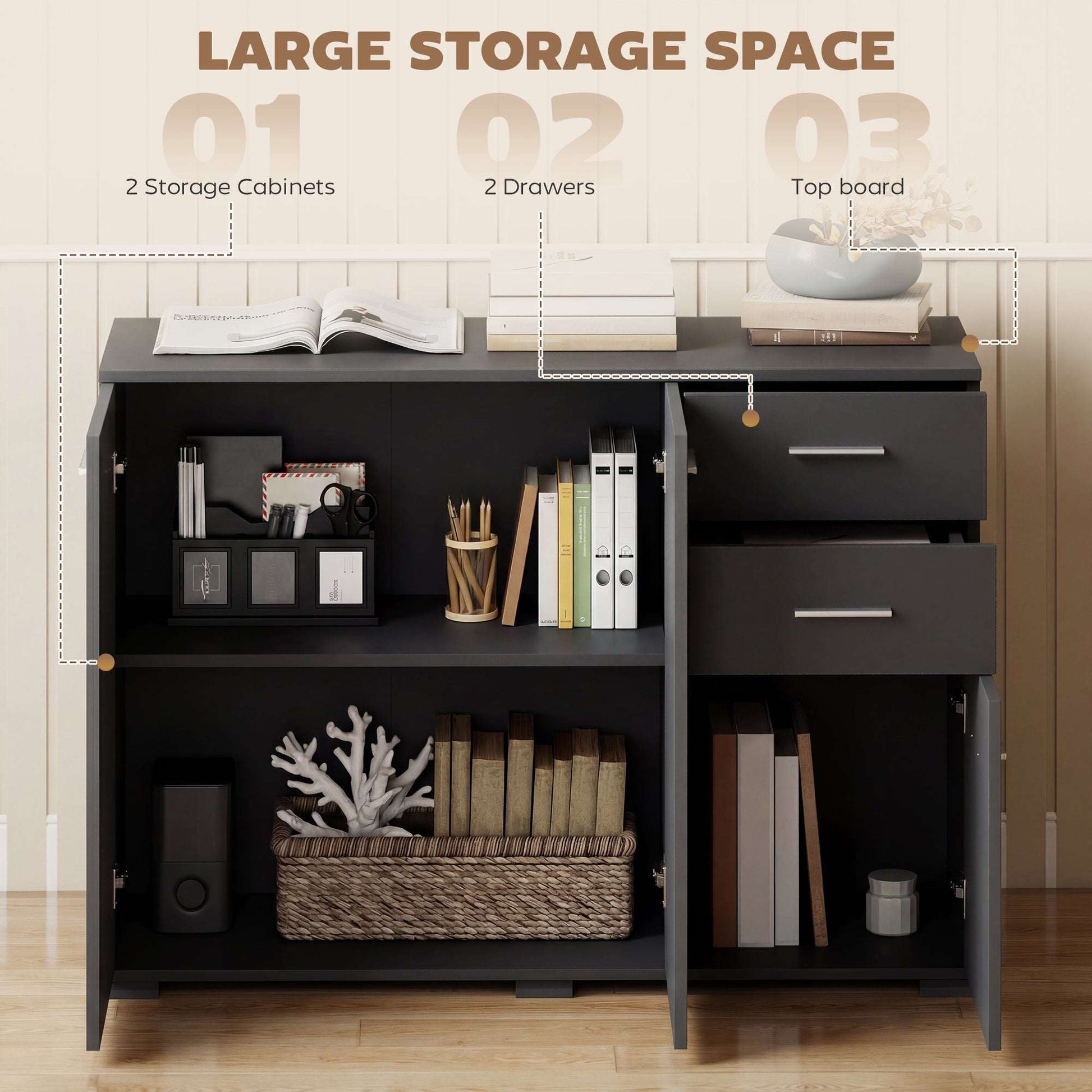 Sideboard, Modern Storage Cabinet with 2 Drawers, 3 Doors and Adjustable Shelves, Black / White