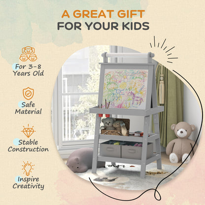 AIYAPLAY 3 in 1 Kids Easel Double-Sided Magnetic Whiteboard and Chalkboard With Paper Roll, Storage Baskets - Grey
