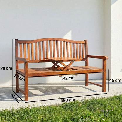 Convertible 2-3 Seater Garden Loveseat Bench | Liftable Table | 210D Waterproof Cover | Poplar Wood | 280kg Capacity | 150x63x98cm | Light Brown