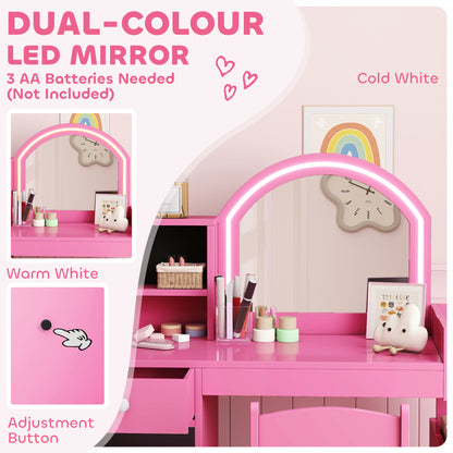 AIYAPLAY Kids Vanity Table and Chair Set, Girls Dressing Table with 2-Colour LED Mirror, Stool, Cabinet, Drawer, Shelves, Pink