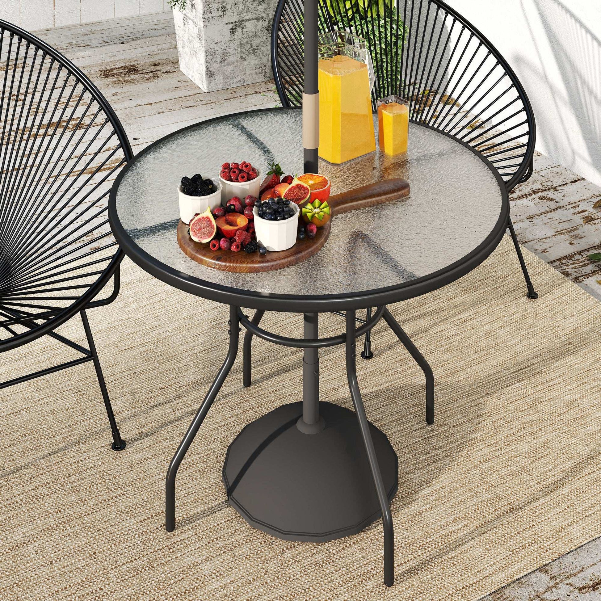 Outsunny 100 cm Round Dining Table with Parasol Hole, Outdoor Tempered Glass Top, Steel Frame for Garden, Black