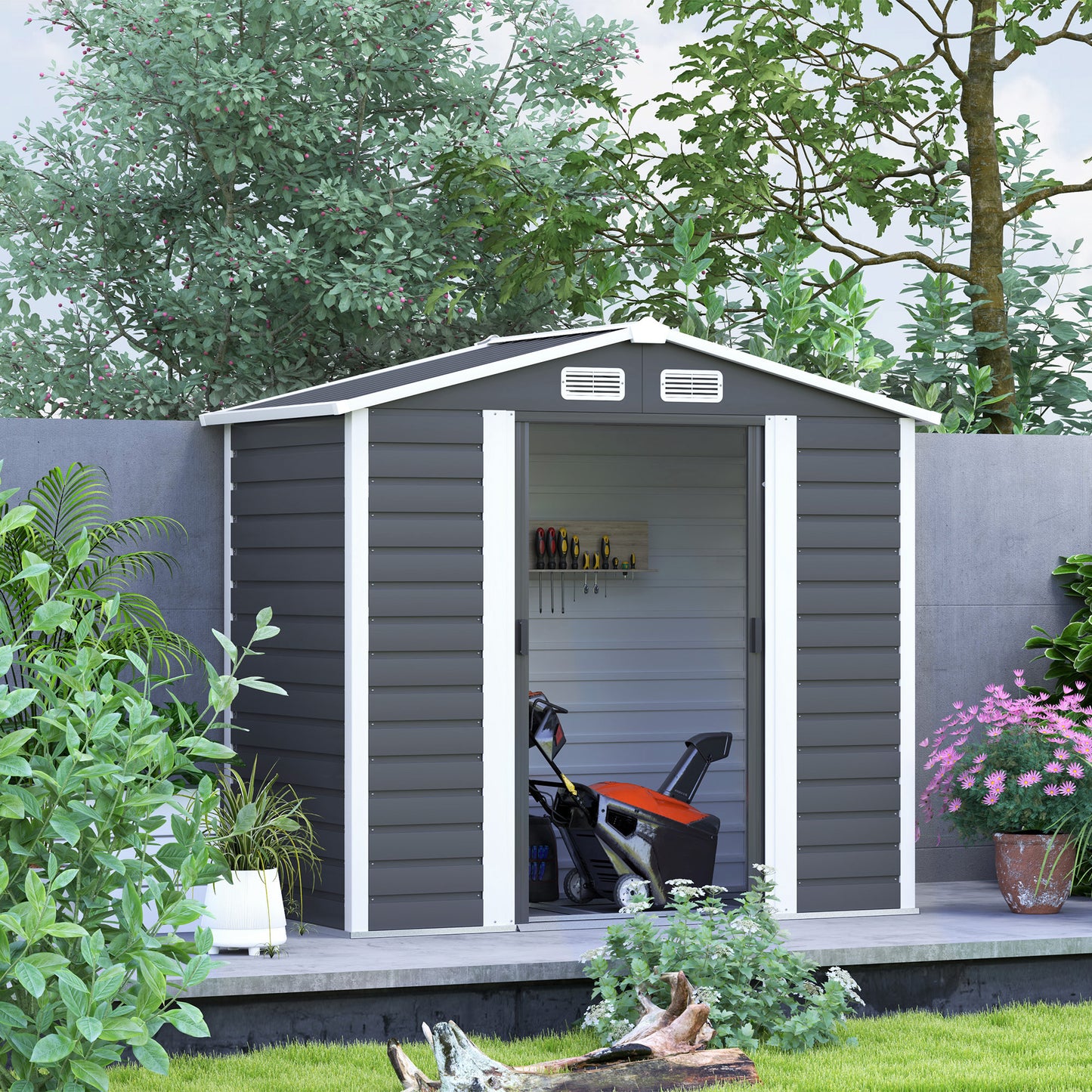 7 x 4ft Metal Garden Shed, Galvanised Steel Shed W/ Double Lockable Doors, Vents and Gloves, Outdoor Tool Storage Shed for Garden, Patio, Dark Grey