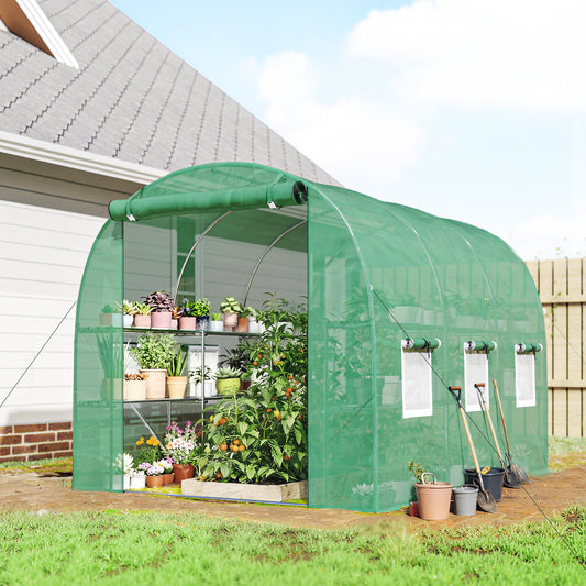Walk-In Polytunnel Greenhouse with Shelves | Galvanised Steel Frame | UV-Resistant PE Cover | Arched Roof | Roll-Up Door | 6 Mesh Windows | Inner Shelves 50kg Per Tier | 4 Stakes & Guy Ropes | 198x275x191cm | Green