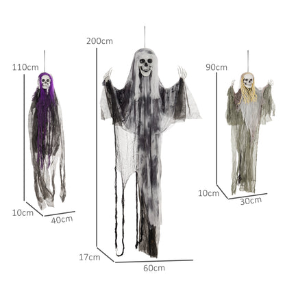 Set of 3 Hanging Skeleton Halloween Decorations, Scary Flying Ghost for Garden, Party, 90/110/170cm