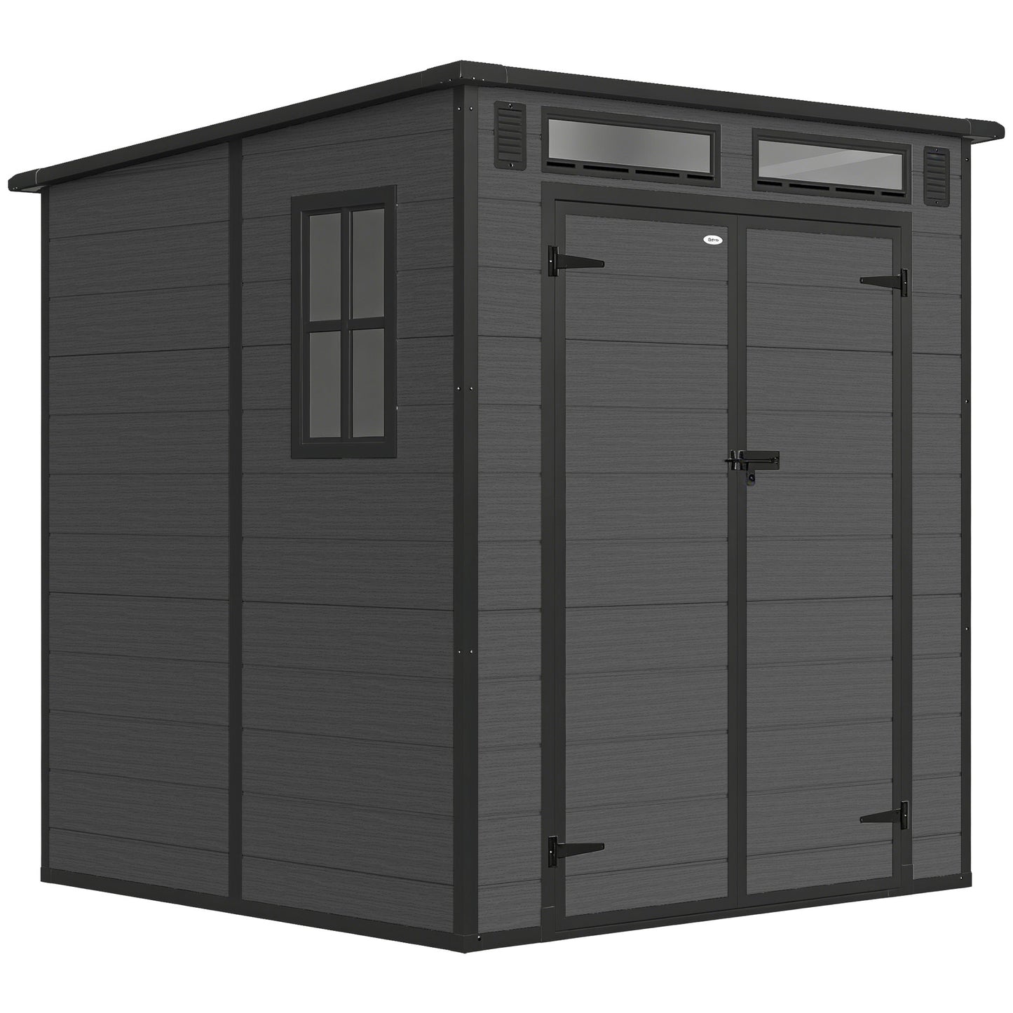 PP & Aluminium Garden Storage Shed with Floor | 3 Windows | Dual Vents | Double Doors | Lock & Keys | UV-Resistant | Water-Repellent | 40kg/m² Snow Load | 182x182x196cm | 2.89m² | Tools Bikes & BBQ | Dark Grey