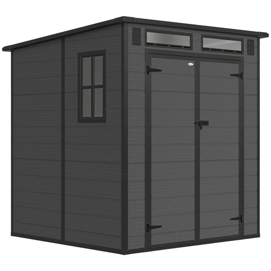 PP & Aluminium Garden Storage Shed with Floor | 3 Windows | Dual Vents | Double Doors | Lock & Keys | UV-Resistant | Water-Repellent | 40kg/m² Snow Load | 182x182x196cm | 2.89m² | Tools Bikes & BBQ | Dark Grey