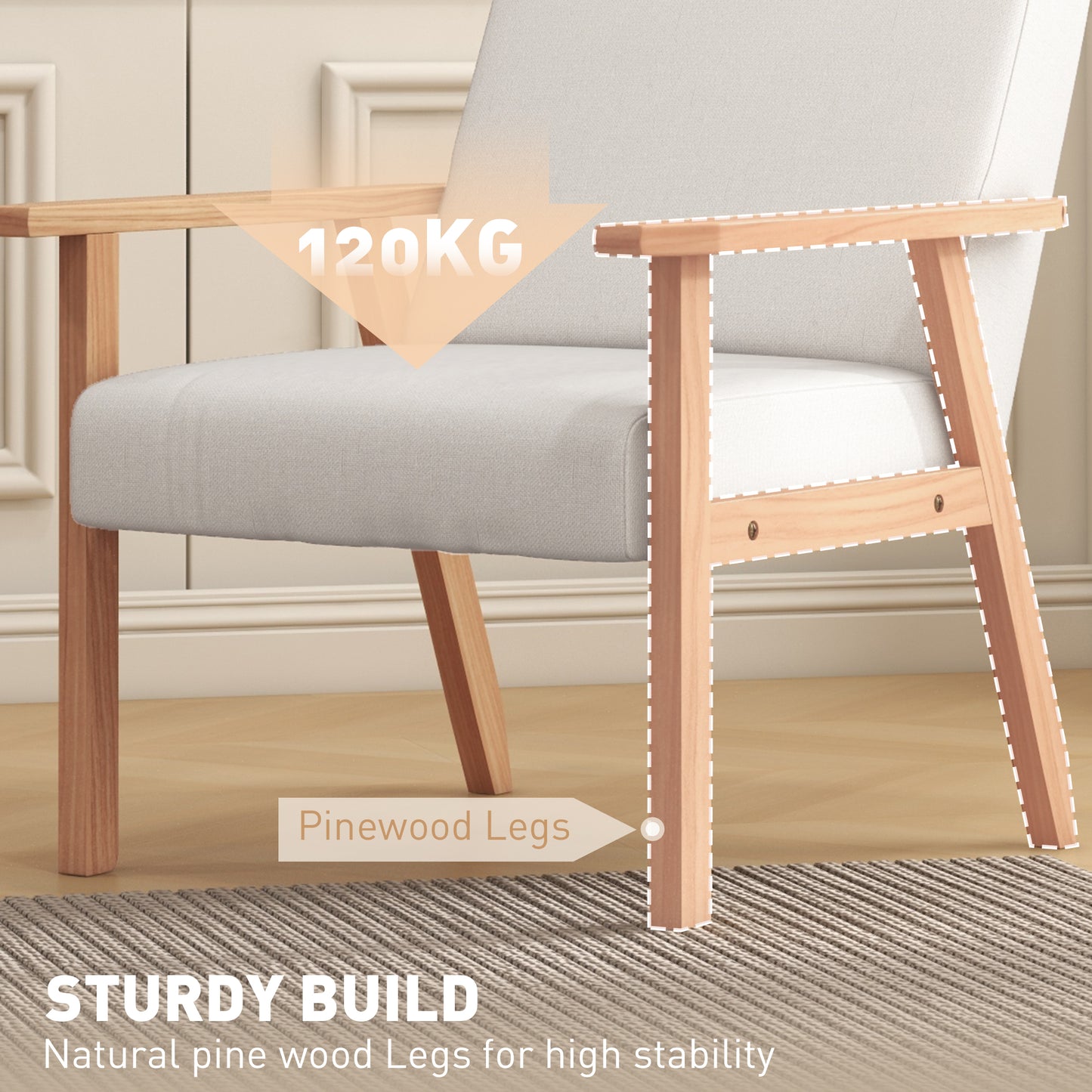 Retro Style Accent Chair Wood Frame with Thick Linen Cushions Wide Seat Armchair Home Furniture Bedroom Office Cream White