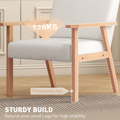 Retro Style Accent Chair Wood Frame with Thick Linen Cushions Wide Seat Armchair Home Furniture Bedroom Office Cream White