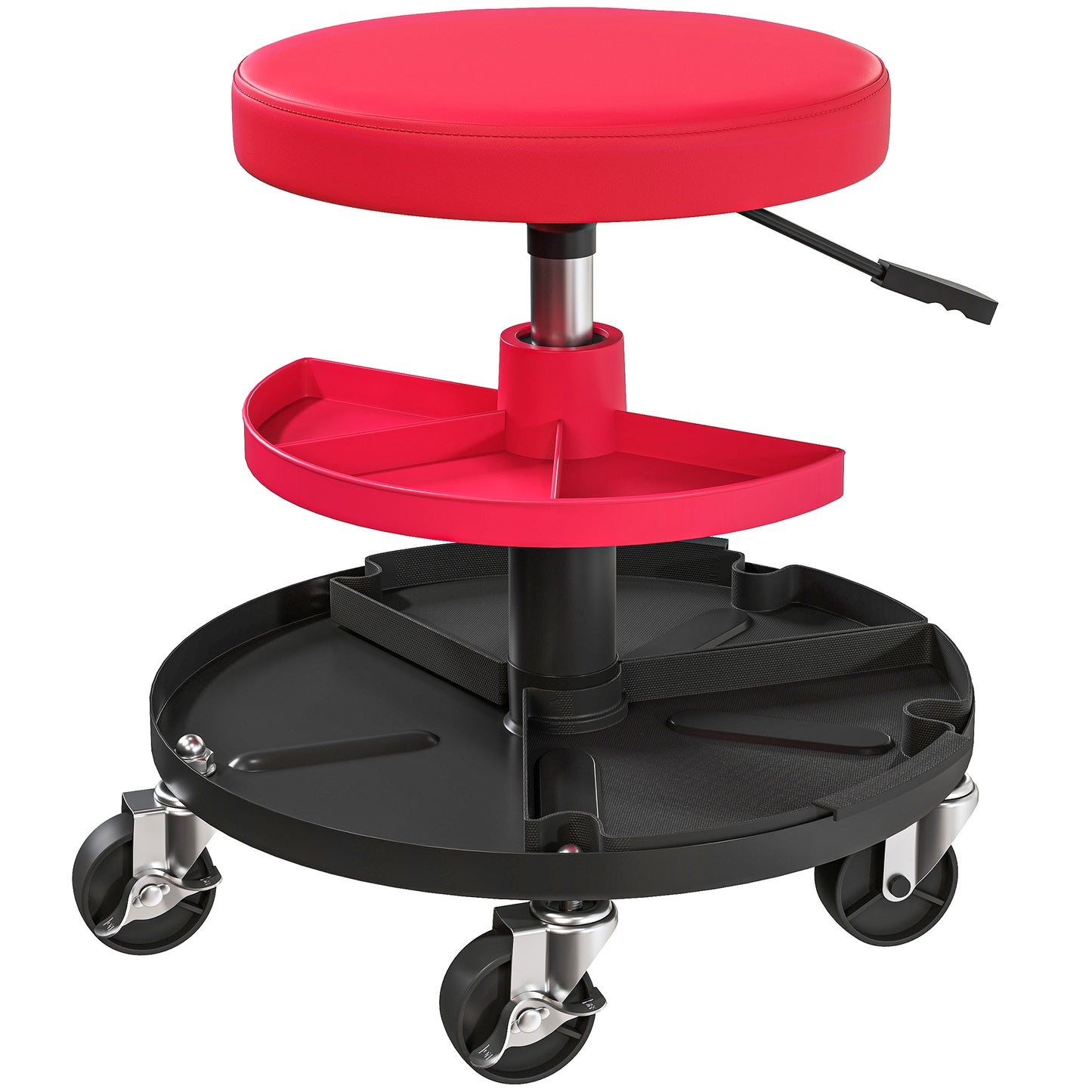 Rolling Mechanic Stool, 135kg Capacity Workshop Stool, 360° Swivel Roller Padded Creeper Seat with Wheels, Tool Trays Storage for Garage, Shop, Auto Repair, Red