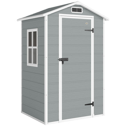 Compact PP & Aluminium Garden Storage Shed with Floor | Apex Roof | Latch Lock & Keys | Side Window | Vent | UV-Resistant | 40kg/m² Snow Rating | 128x104x196cm | Light Grey & White