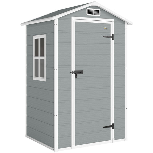 Compact PP & Aluminium Garden Storage Shed with Floor | Apex Roof | Latch Lock & Keys | Side Window | Vent | UV-Resistant | 40kg/m² Snow Rating | 128x104x196cm | Light Grey & White