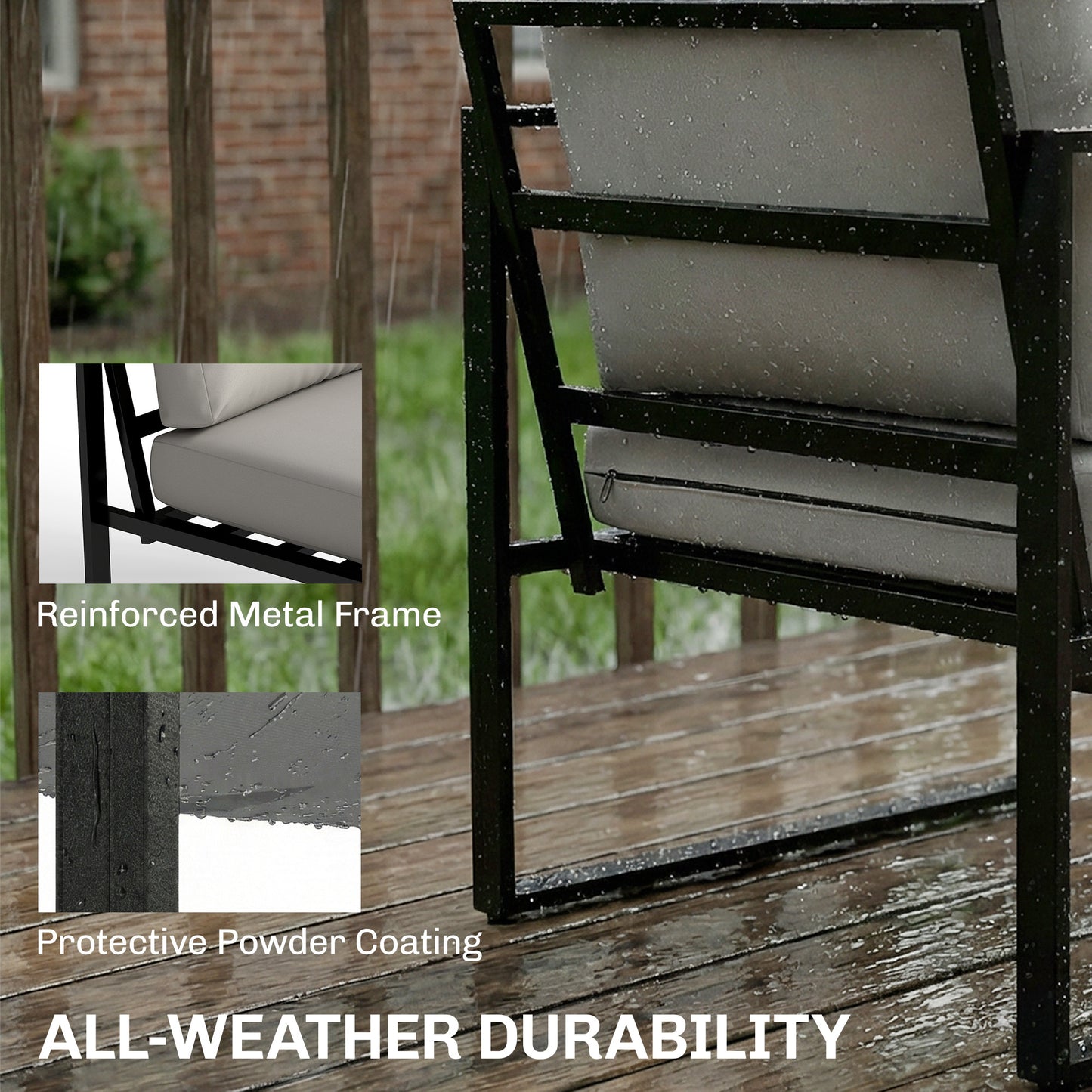 4-Piece Garden Sofa Set | Loveseat | 2 Armchairs | Slatted Plastic-Wood Coffee Table | Powder-Coated Frame | Zip Cushion Covers | Adjustable Foot Pads | 240kg Loveseat Capacity | Grey