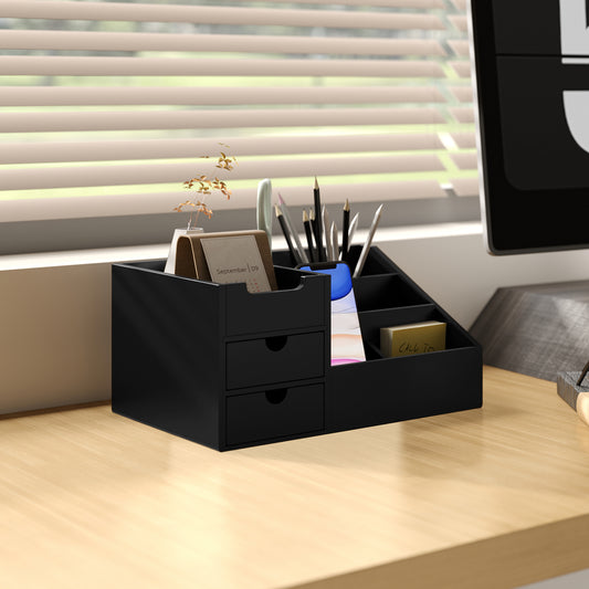 Desk Organiser Holder, Bamboo Multi-Function Storage Caddy with 7 Storage Compartments and 2 Drawers for Home Office Stationary Supplies