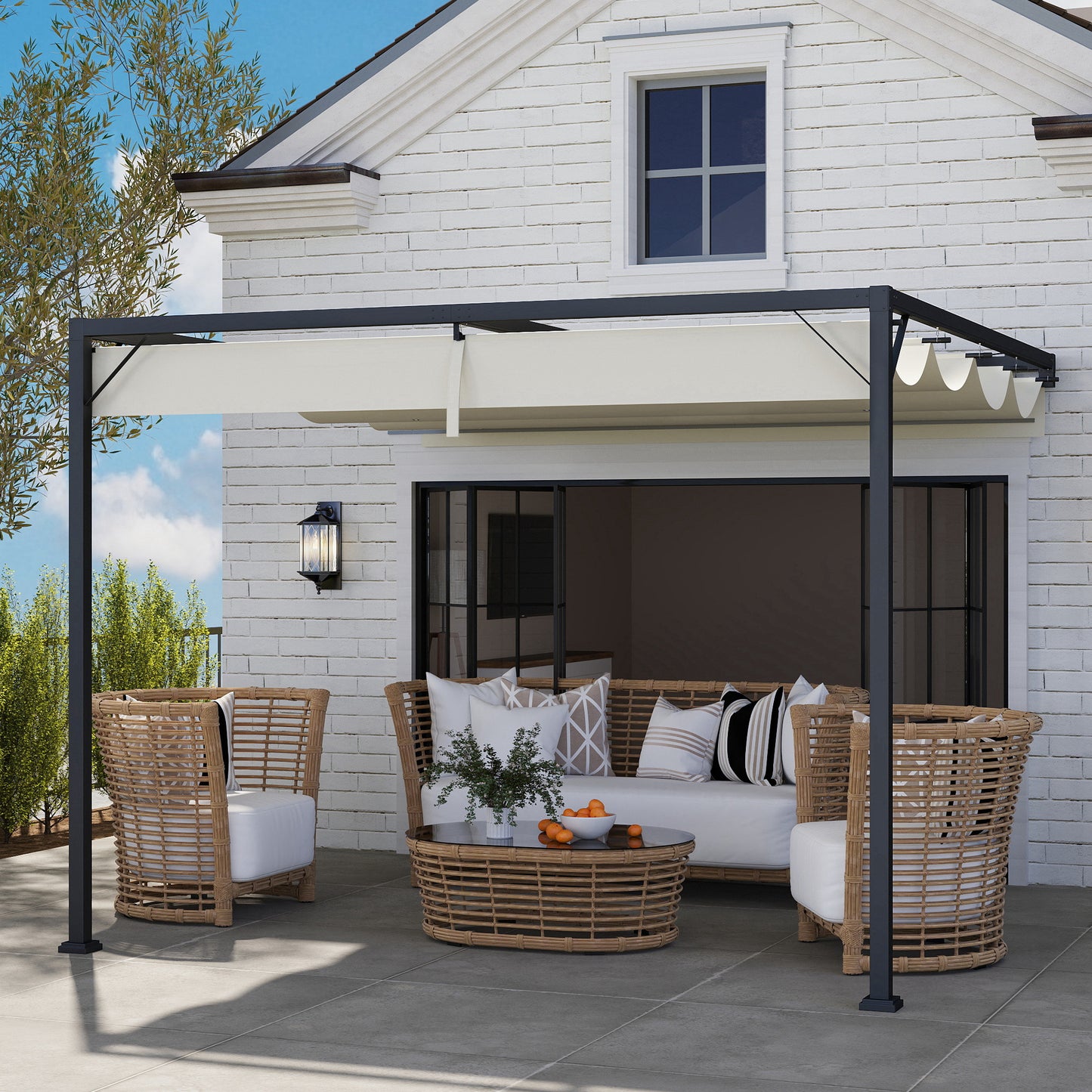 Outsunny 3 x 3(m) Outdoor Wall Mounted Pergola with Retractable Canopy -Cream White