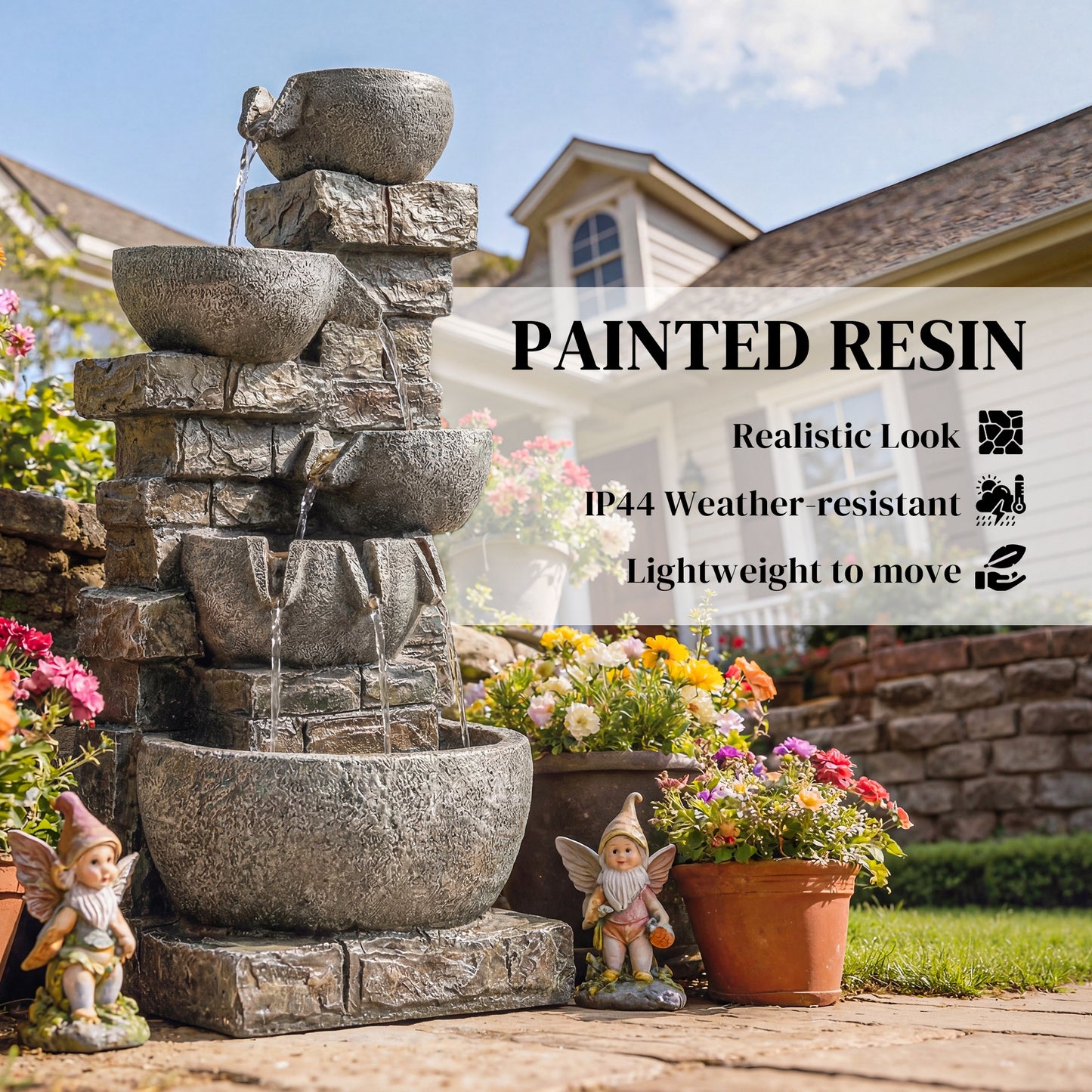 5-Tier Stacked Rock Resin Waterfall Fountain | 24 Warm LED Lights | Hand-Painted Natural Stone Finish | IP44 Adapter | 10W Pump | 230V | 3m Cable | 34x36x80cm | Garden & Patio | Mixed