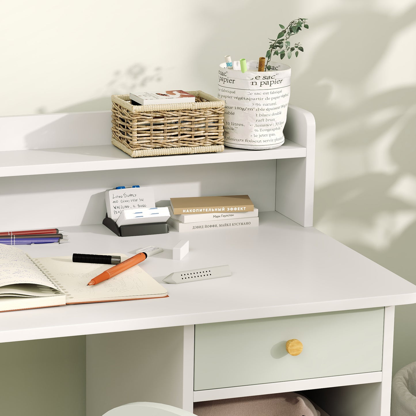 AIYAPLAY Two-Piece Children Study Table with Hutch, Kids Desk and Chair Set with Storage, Drawer, Shelves, Green