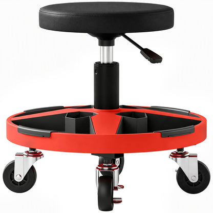 Black Rolling Mechanic Stool | 40-52 cm Adjustable Workshop Seat with 360° Swivel, Tool Tray, Bottle Holders & 135 kg Capacity
