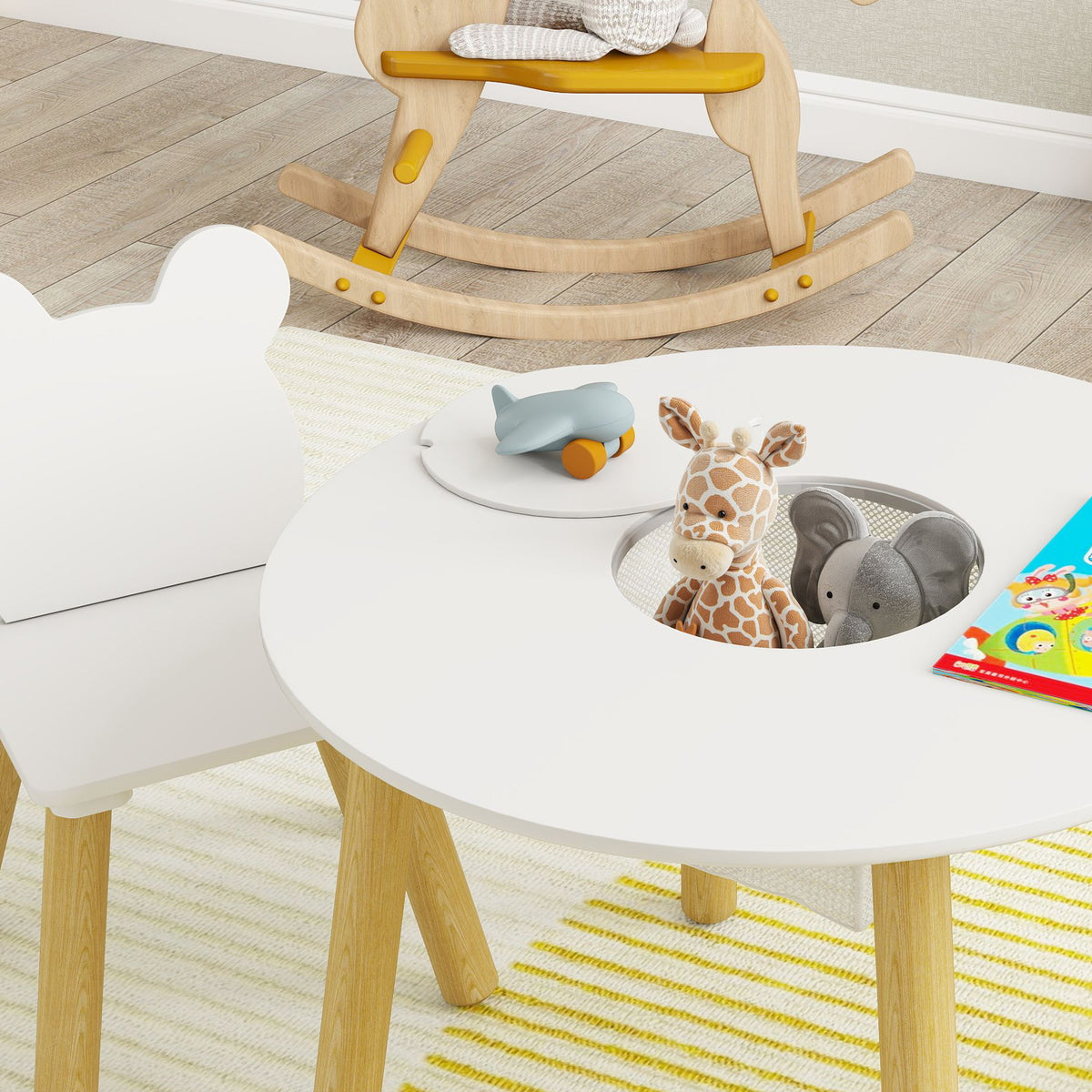 Kids Activity Table & 2 Chair Set | 3-Piece | Bear Backrest | Centre Mesh Storage | Arts & Crafts | Ages 3-6 | White