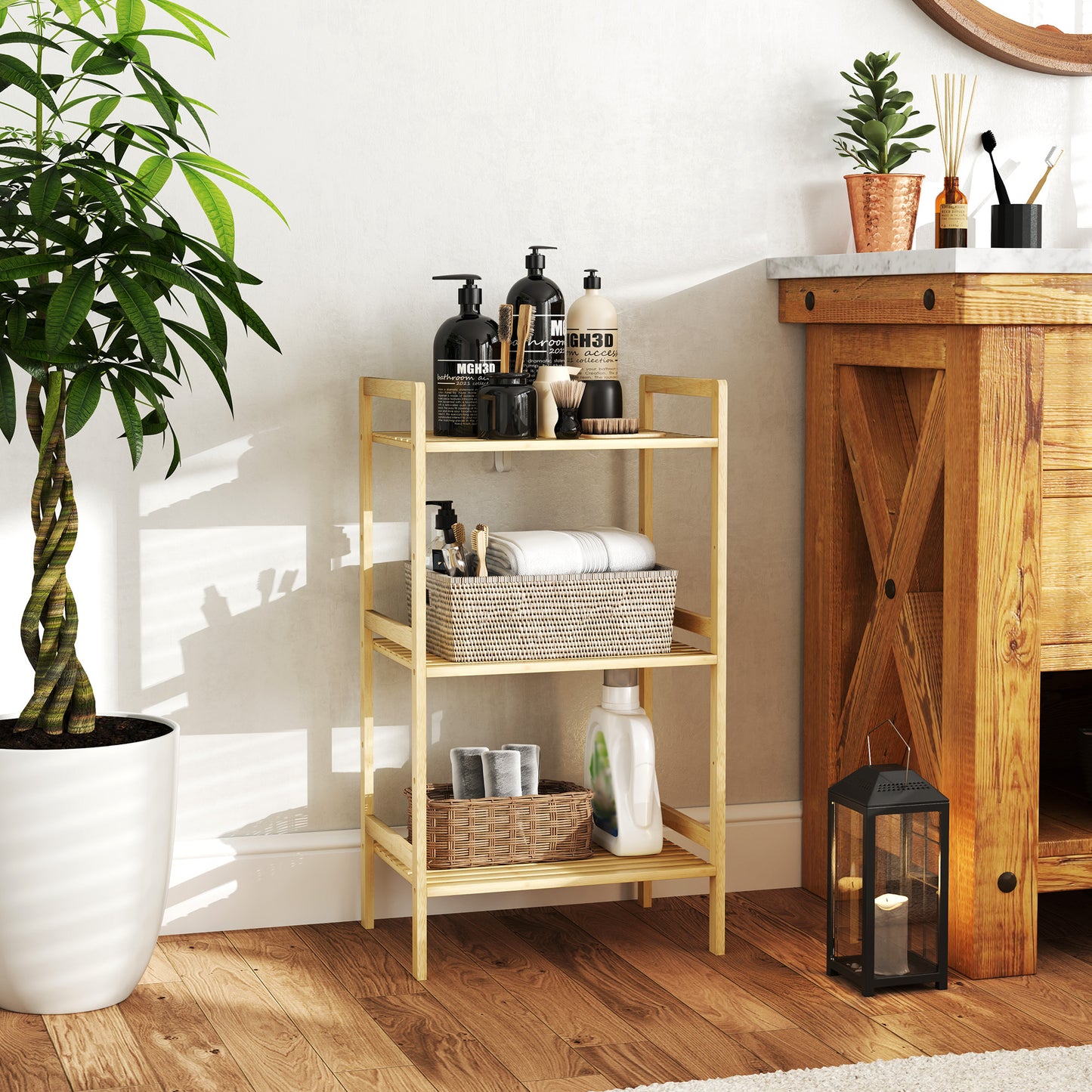 Three-Tier Bamboo Adjustable Shelf Storage Unit