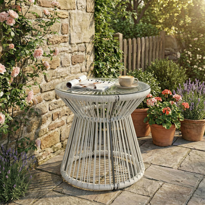 Rattan Bistro Side Table | PE Wicker String Design | 5mm Tempered Glass Top | Dia 40x42cm | Powder Coated Steel | 30kg | No Assembly | Light Grey
