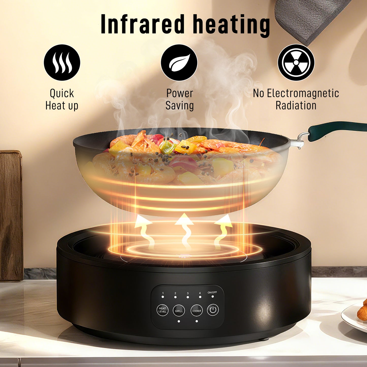 Electric Ceramic Hob with Grill Plate, Multifunctional 36cm Plug in Electric Hob with 4 Heat Levels for All Type Pot