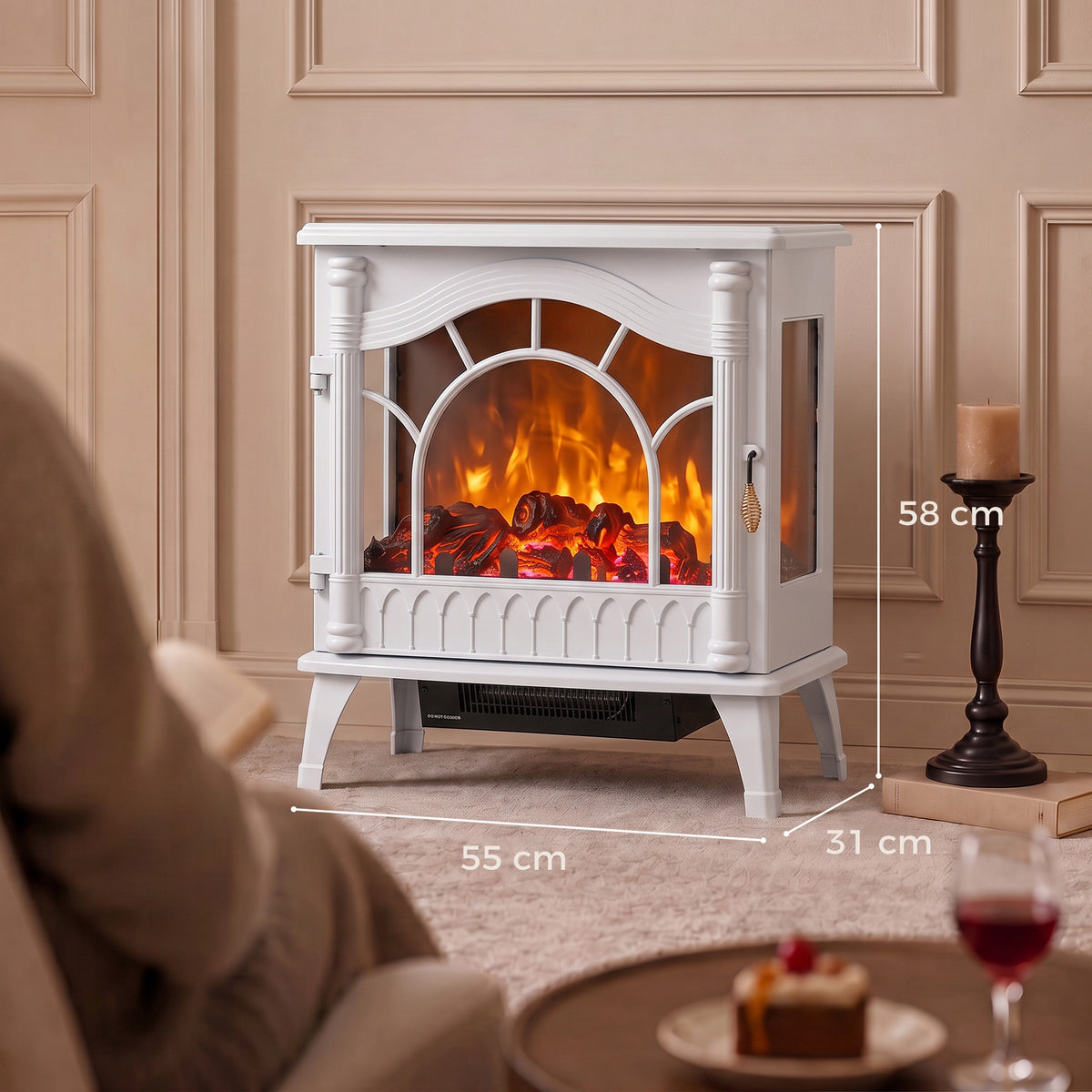 White Electric Fireplace Stove | 3-Sided Glass Flame Effect Fan Heater, 1000W/2000W, 15–30 m² Coverage | Freestanding