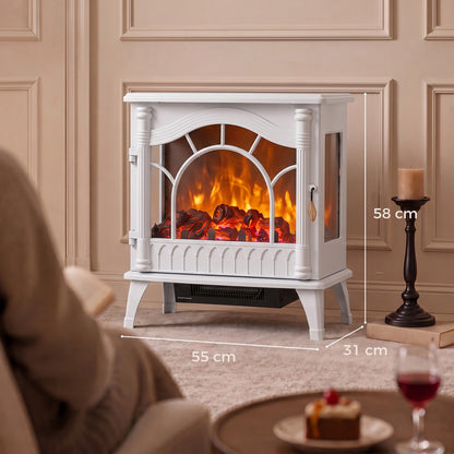 White Electric Fireplace Stove | 3-Sided Glass Flame Effect Fan Heater, 1000W/2000W, 15–30 m² Coverage | Freestanding