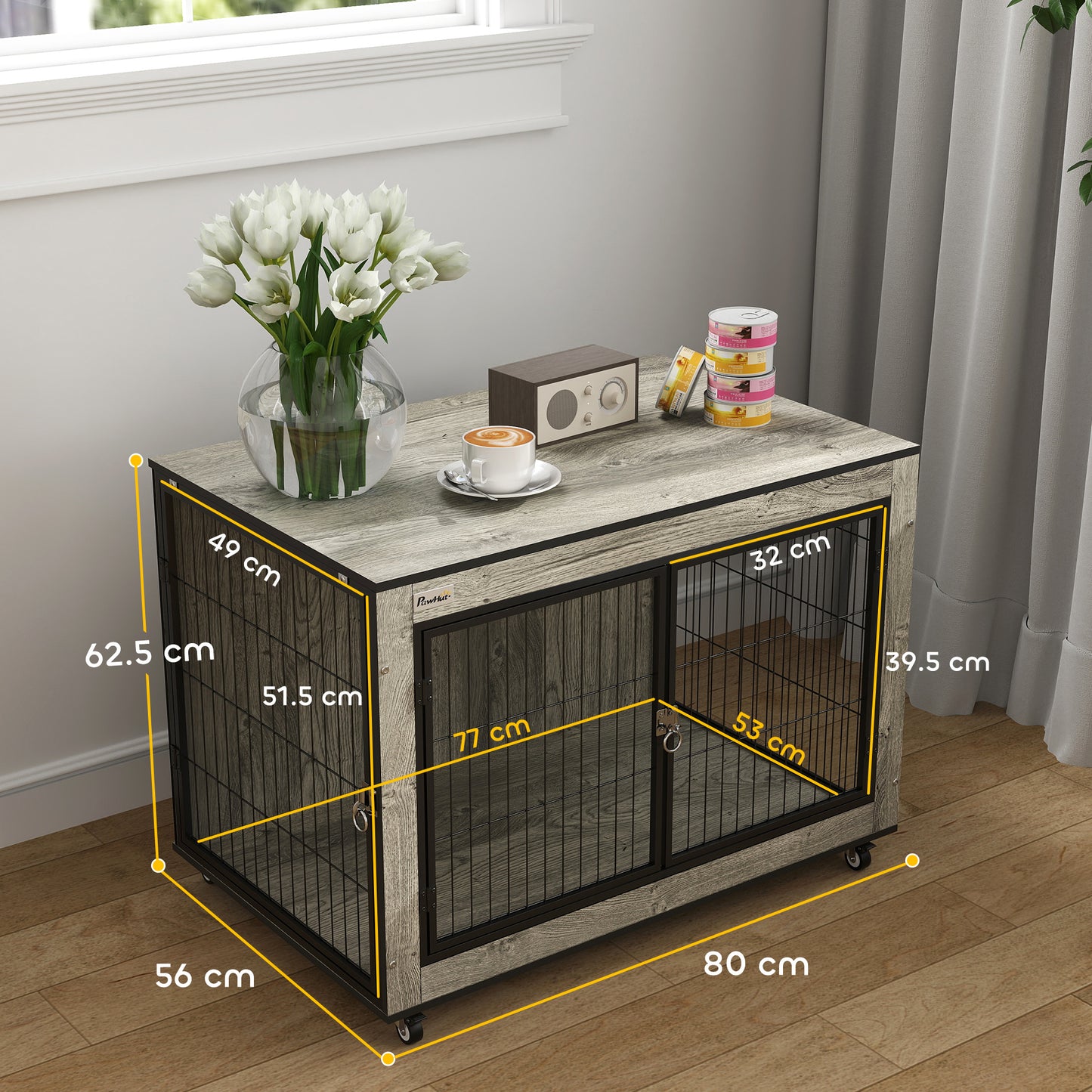 Dog Crate Furniture Side Table with Wheels | Double Doors | Interchangeable Side Door | Medium Dogs up to 20kg | 80 x 56 x 62.5cm | Grey