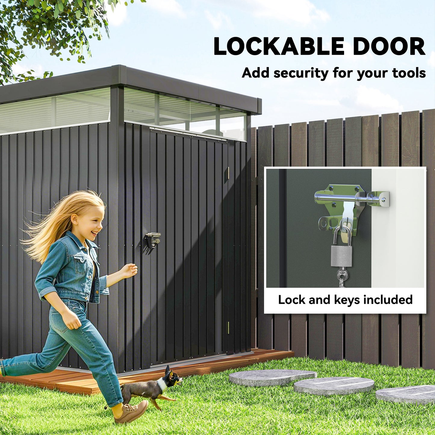 5.3 x 8.5ft Galvanised Steel Garden Shed, Metal Shed with Roof Windows, Leakage Holes and Lockable Wide Door for Outdoor Patio Tool Storage