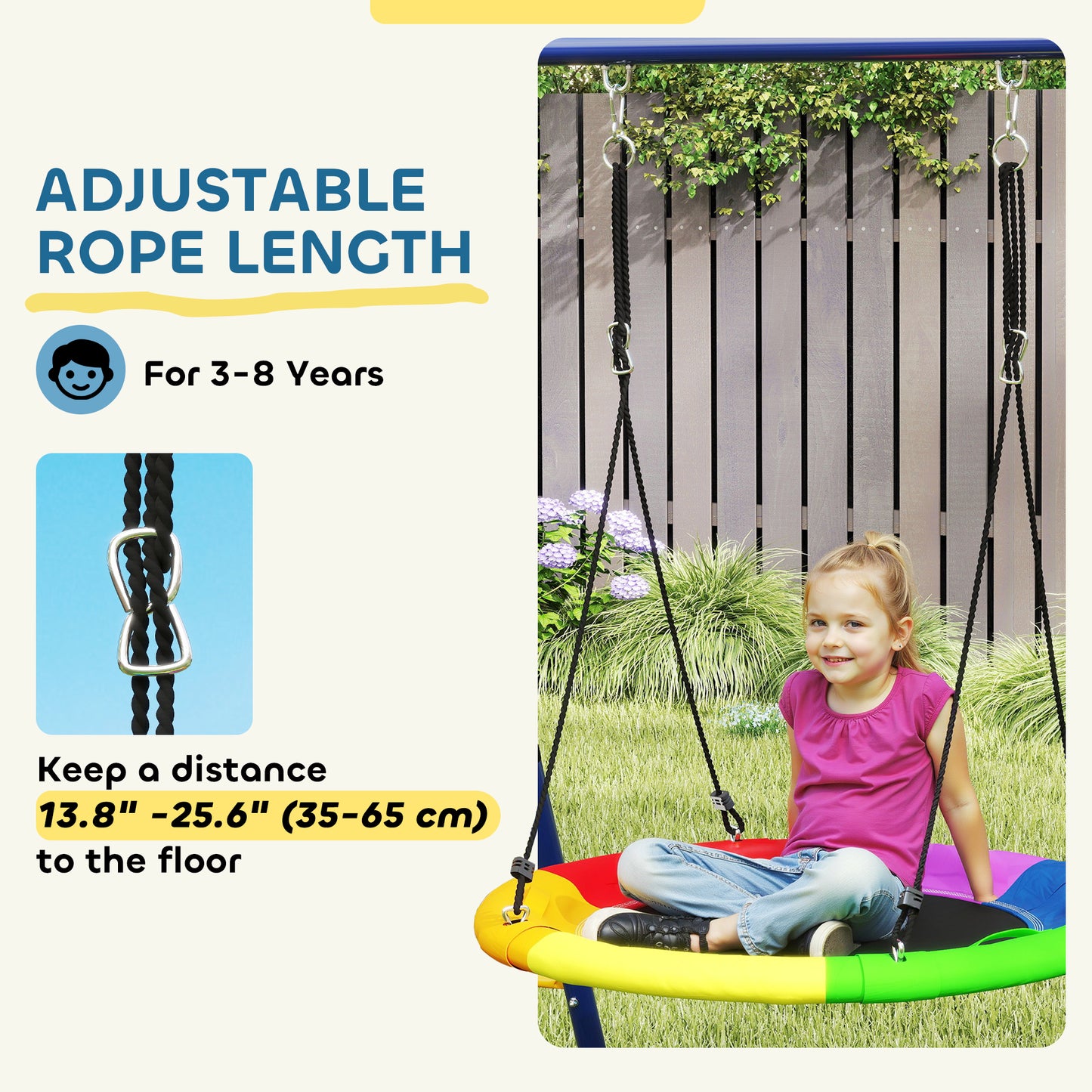 AIYAPLAY 6 in 1 Metal Kids Swing Set with 3 Swings, Climbing Ladder & Net, Basketball Hoop, for Ages 3-8