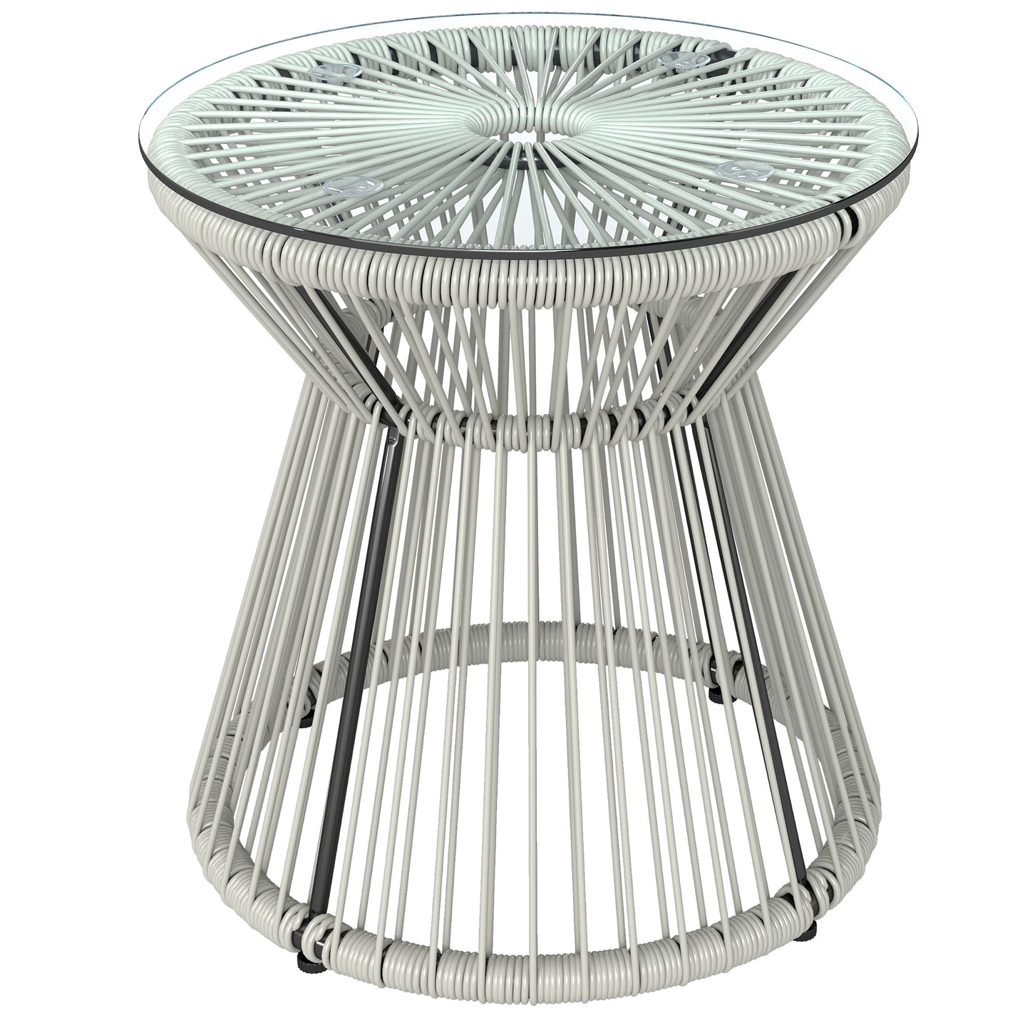 Rattan Bistro Side Table | PE Wicker String Design | 5mm Tempered Glass Top | Dia 40x42cm | Powder Coated Steel | 30kg | No Assembly | Light Grey