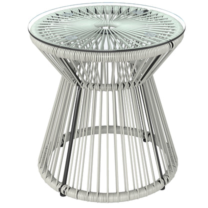 Rattan Bistro Side Table | PE Wicker String Design | 5mm Tempered Glass Top | Dia 40x42cm | Powder Coated Steel | 30kg | No Assembly | Light Grey