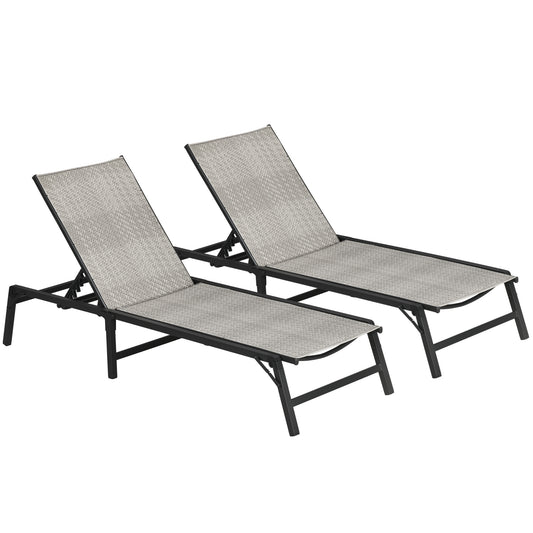 Outsunny Foldable Outdoor PE Rattan Sun Lounger Set of 2, Patio Wicker Recliners Lounge Chair w/ 5-Level Adjustable Backrest - Mixed Grey