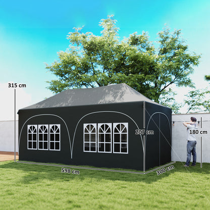 3x6m Pop Up Gazebo | UPF30+ 210D Oxford | Peak Top | 6 Sidewalls | 4 Windows | 2 Zip Doors | 6 Sandbags | 15-20 People | Wind Level 4-6 | Dark Grey