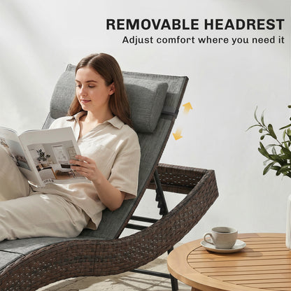 Rattan Sun Lounger | S-Curve Ergonomic Texteline Seat | 5 Position Adjustable Backrest | Headrest | All-Weather PE Rattan | Powder-Coated Frame | 198x60x44cm | 120kg | Brown